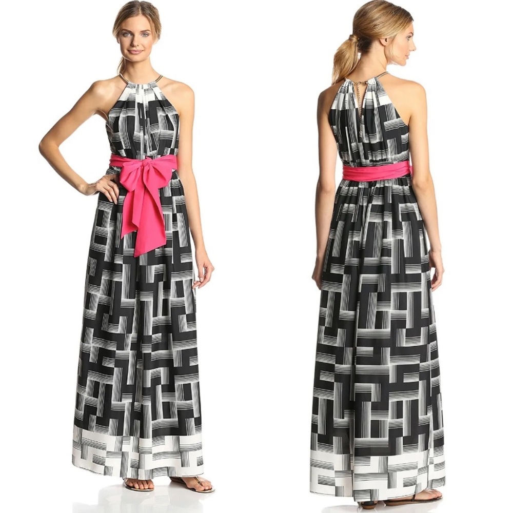 Eliza J Printed Halter Maxi Dress Black Ivory | 14